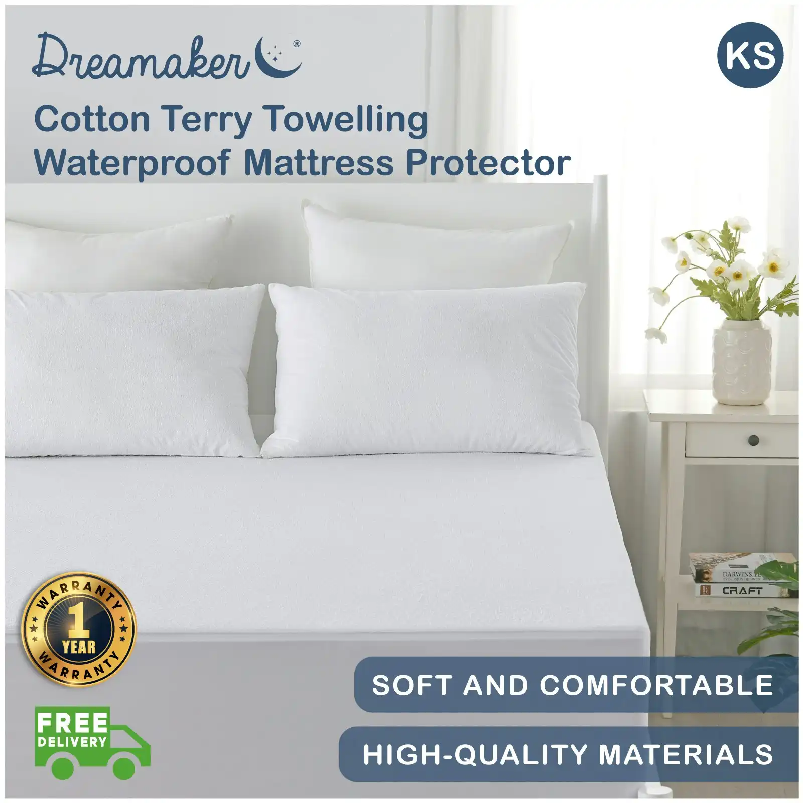 Dreamaker Cotton Terry Towelling Waterproof Mattress Protector - King Single Bed