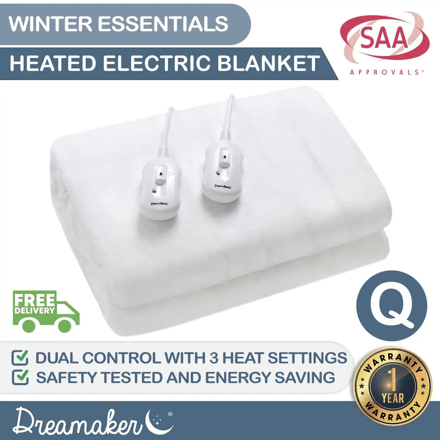 Dreamaker Washable Electric Blanket Queen Bed