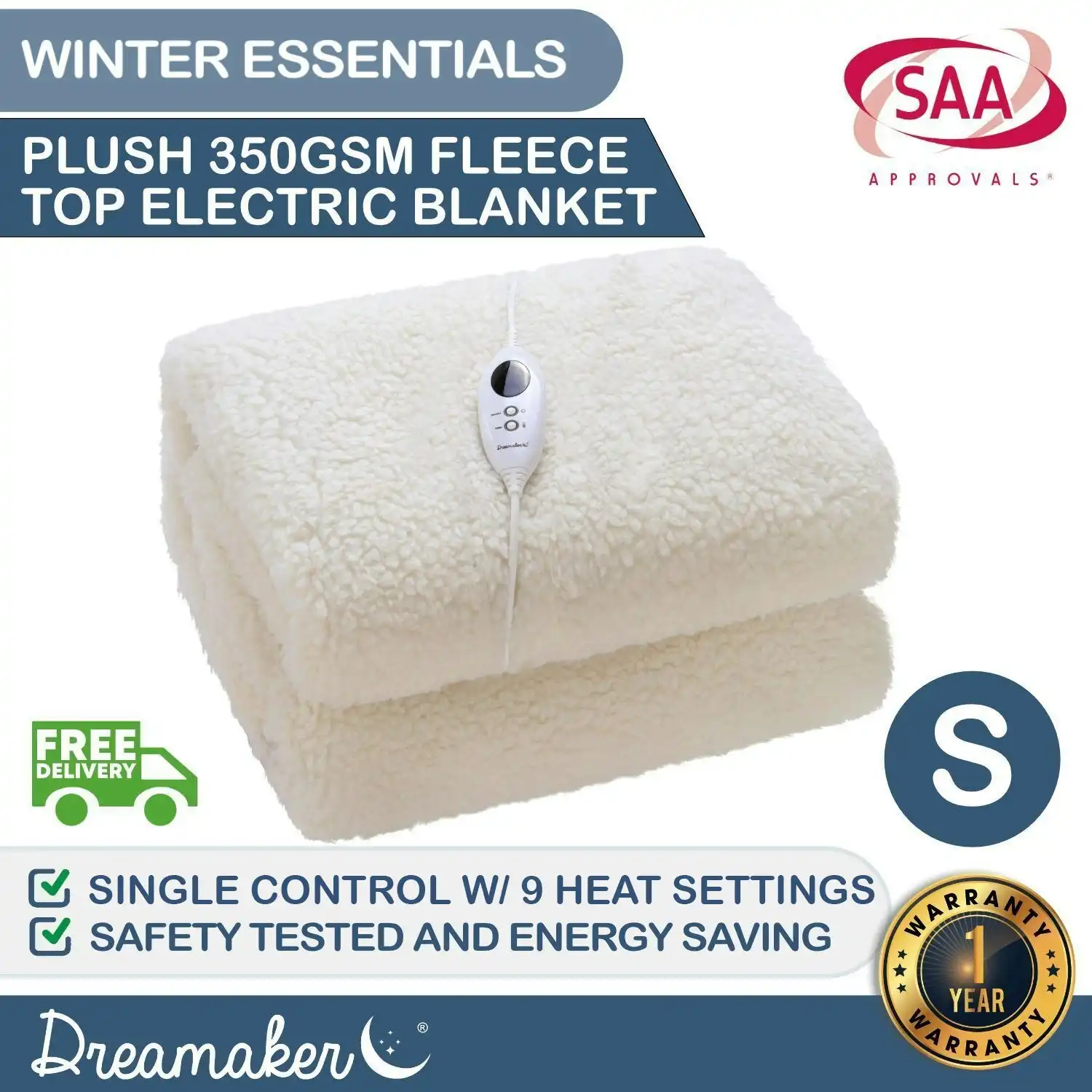 Dreamaker 350 Gsm Fleece Top Electric Blanket - Single Bed