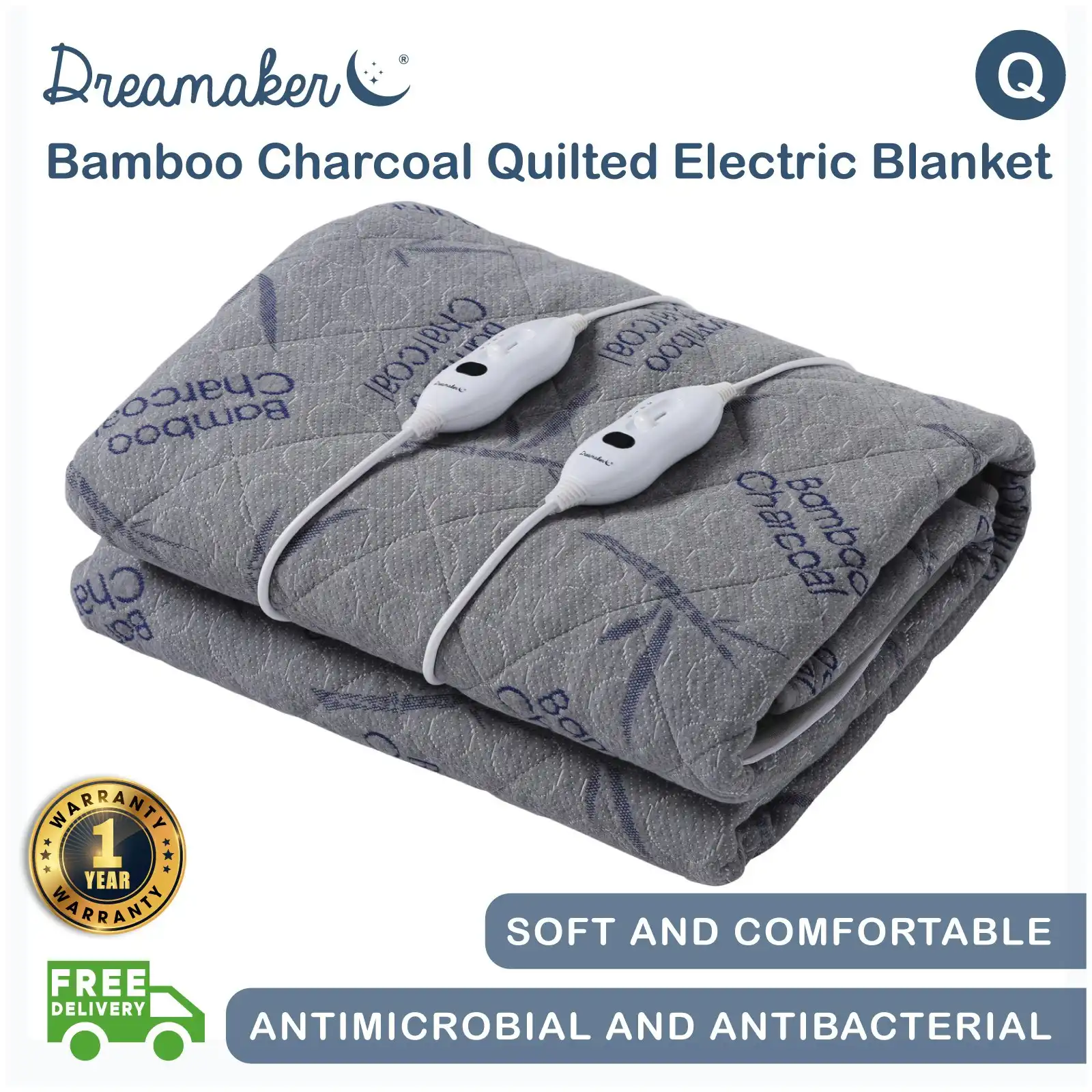 Dreamaker Bamboo Charcoal Quilted Electric Blanket Grey Queen Bed