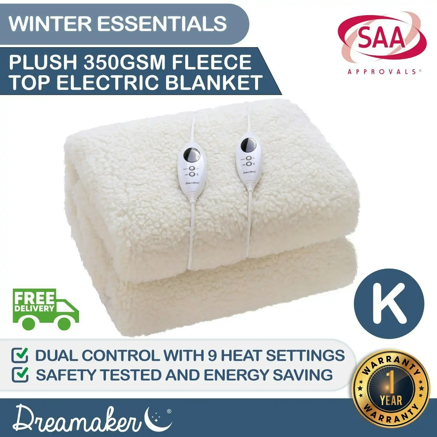 Dreamaker 350 Gsm Fleece Top Electric Blanket King Bed