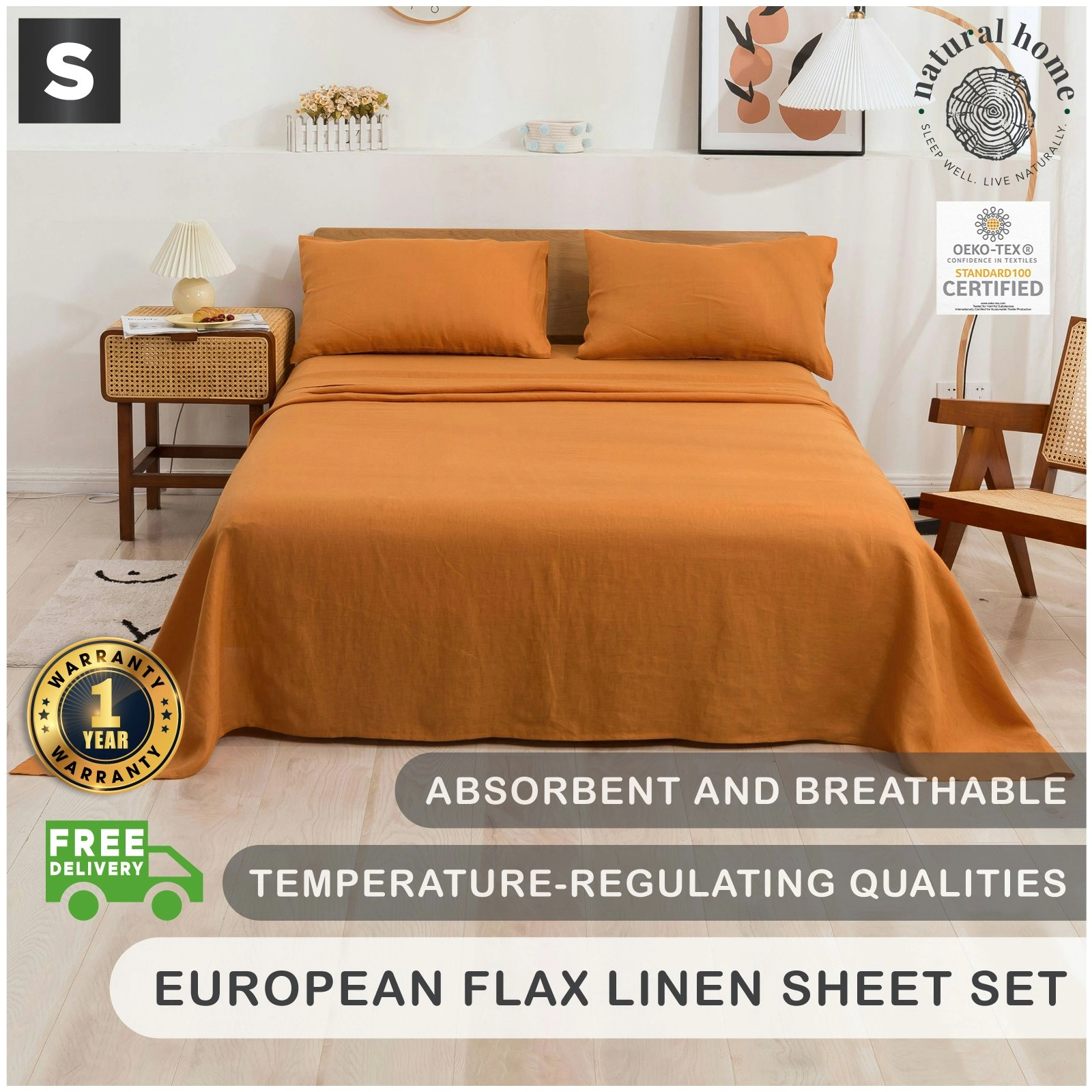 Natural Home 100% European Flax Linen Sheet Set - Rust - Single Bed