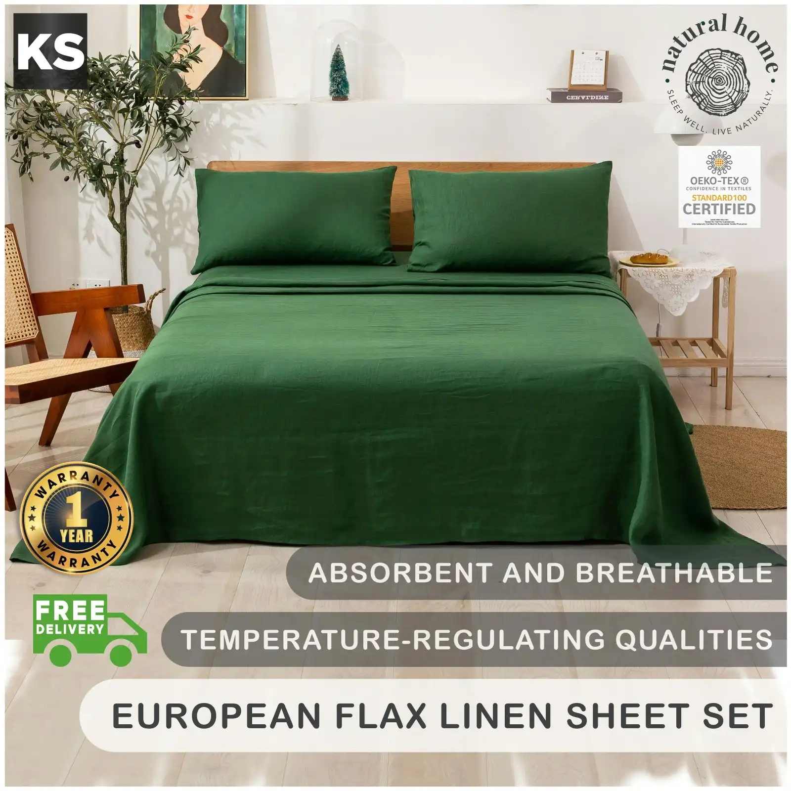 Natural Home 100% European Flax Linen Sheet Set - Olive - King Single Bed