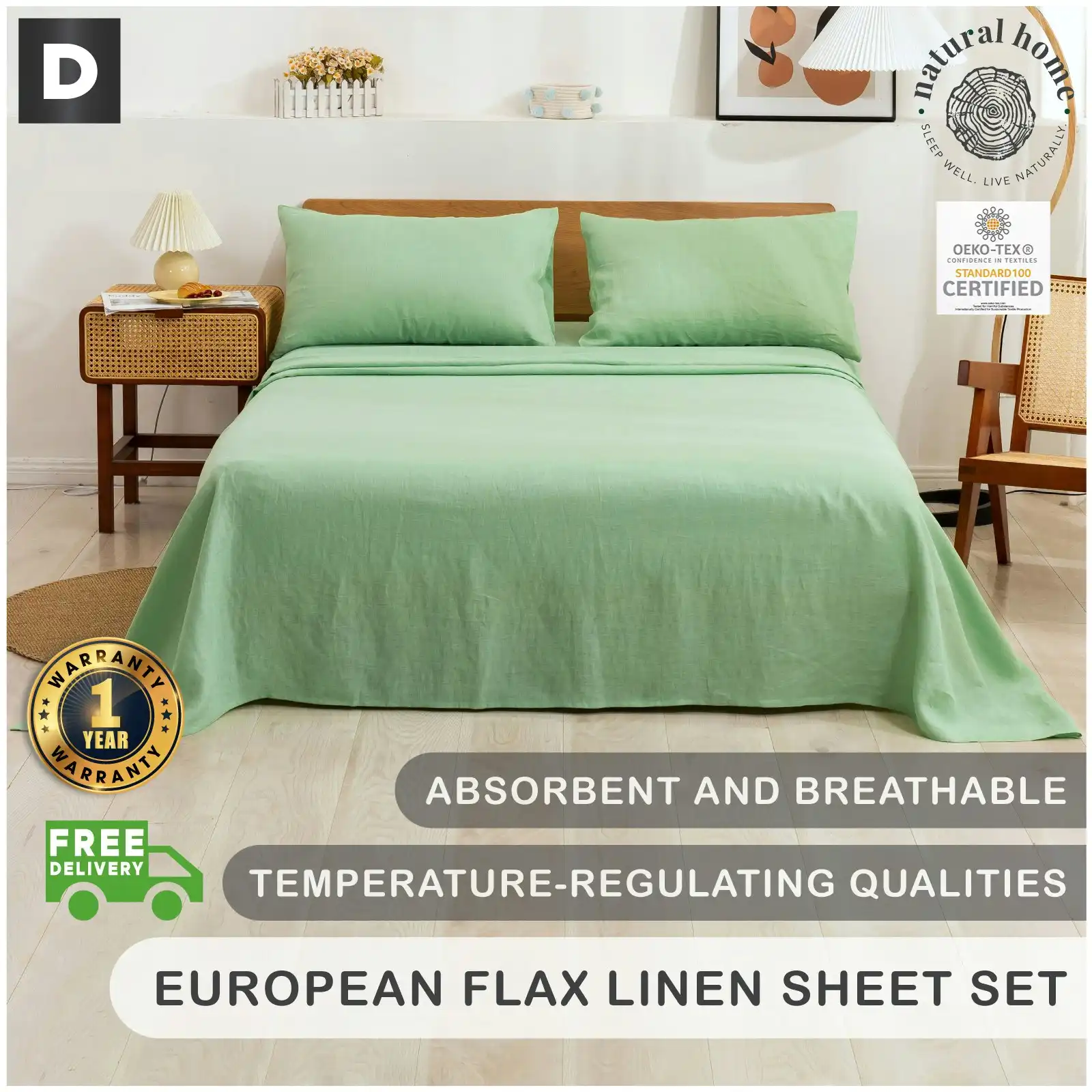 Natural Home 100% European Flax Linen Sheet Set - Sage - Double Bed