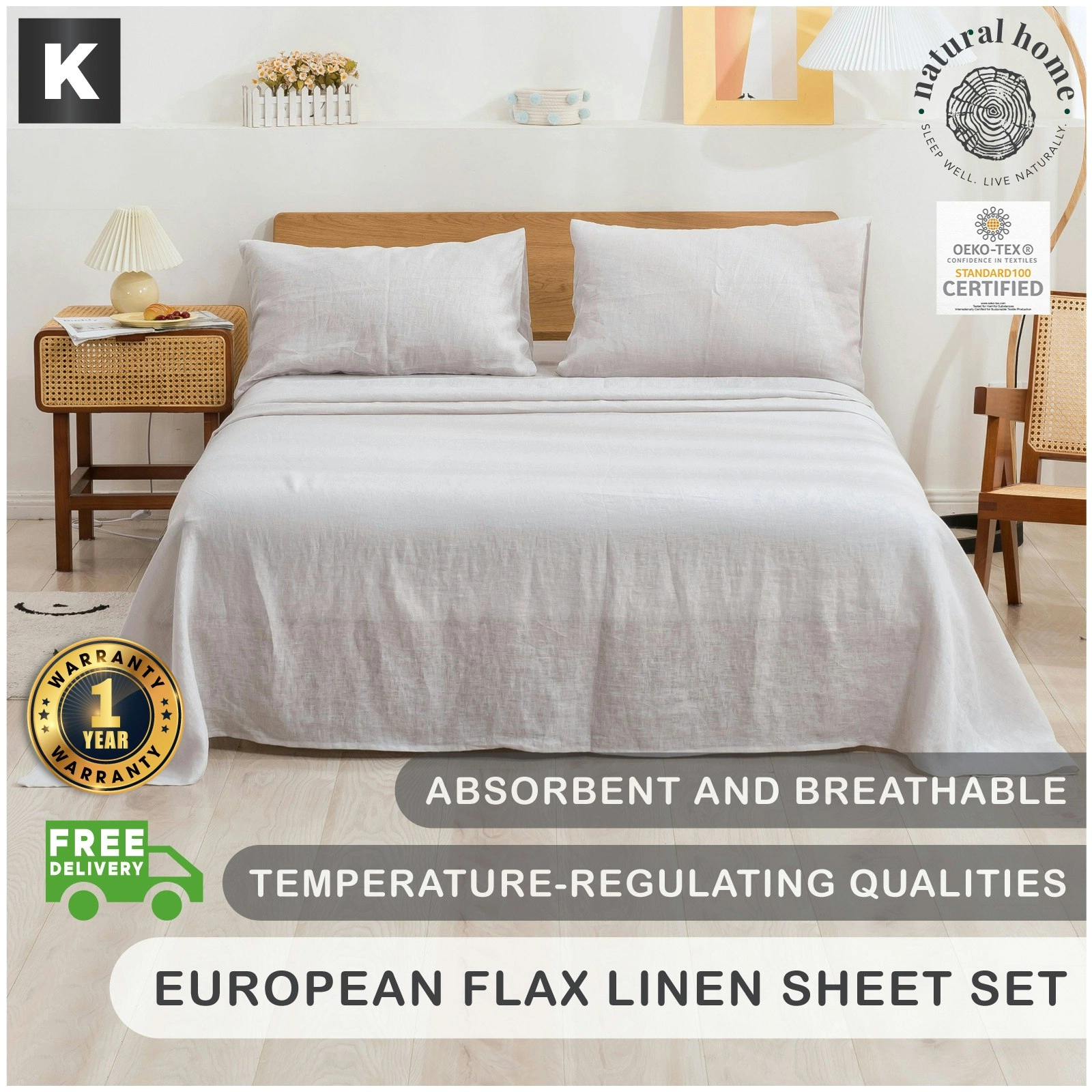 Natural Home 100% European Flax Linen Sheet Set Dove Grey King Bed