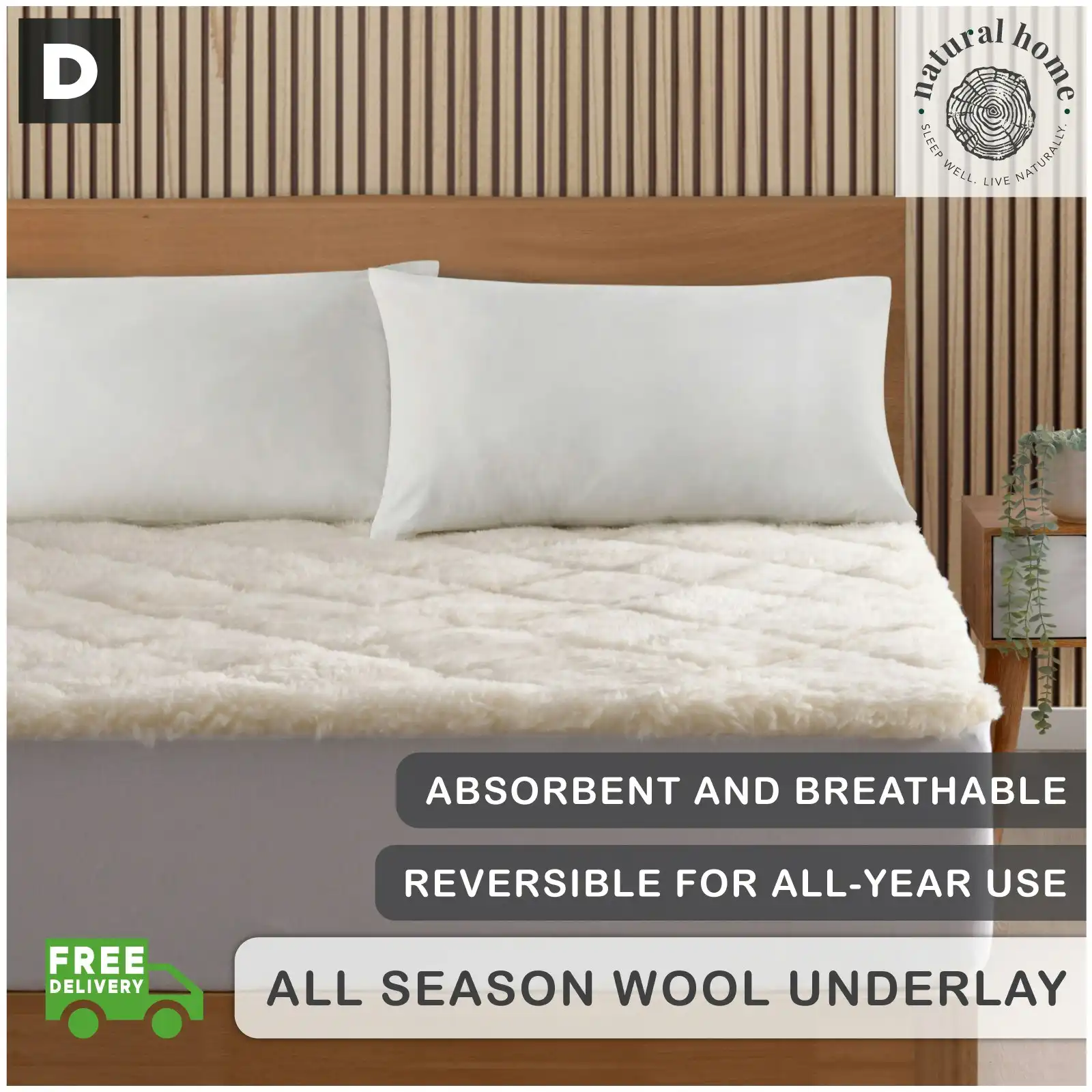 Natural Home All Season Wool Reversible Underlay - White - Double Bed