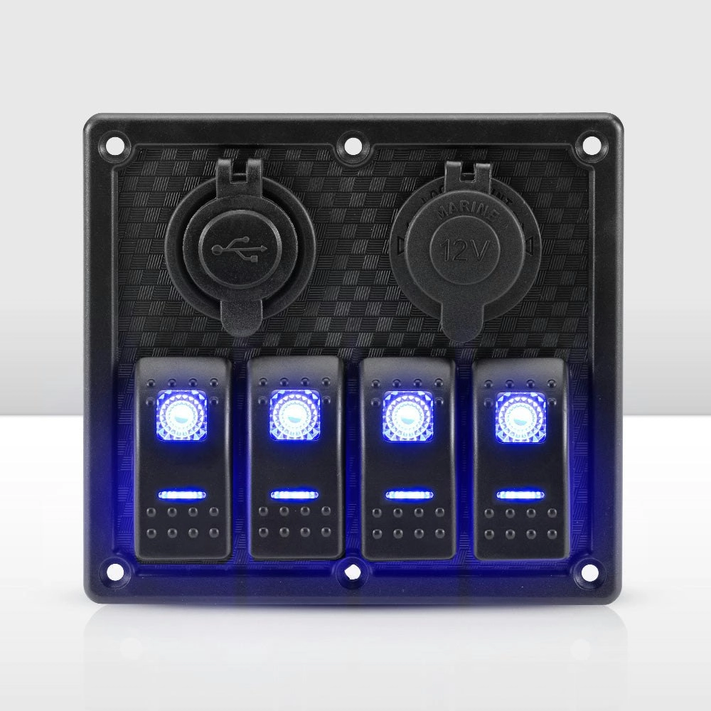 4 Gang Rocker Switch Panel ON-OFF Toggle Blue LED Dual USB 12V