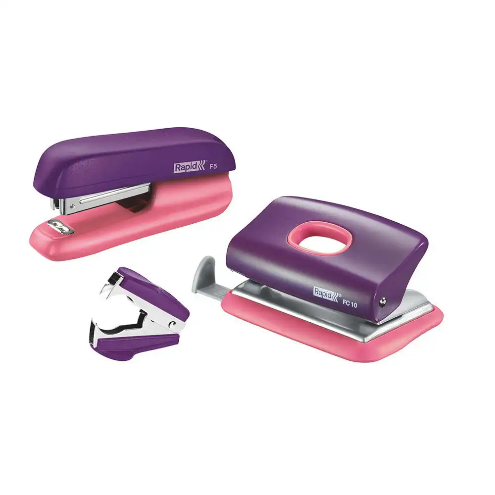 Rapid F5 Home/Office Mini Set w/Stapler/Staples/Staple Remover/Punch Hole Purple