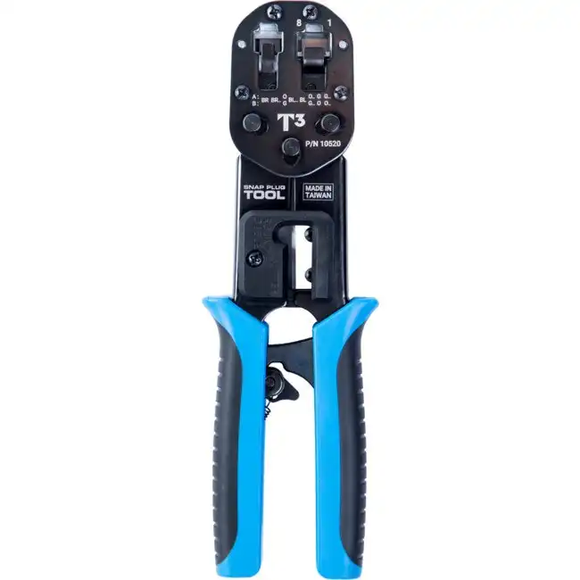 T3 RJ45 Snap Plug Crimp Tool Crimper w/ Cutter/Stripper Standard RJ11/RJ12 Blue