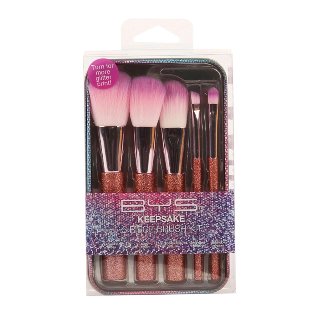 5pc BYS Makeup Brushes Keepsake Tin Glitter Powder/Blush/Foundation/Eyebrow Set