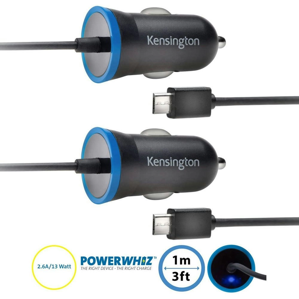 2x Kensington 2.6A Fast Charge Micro USB Car Charger for Android/Samsung/Surface