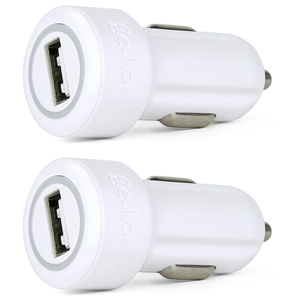 2x Gecko Smart 2.4A USB Car Charger for Smartphones GPS Tablet Dash Camera White