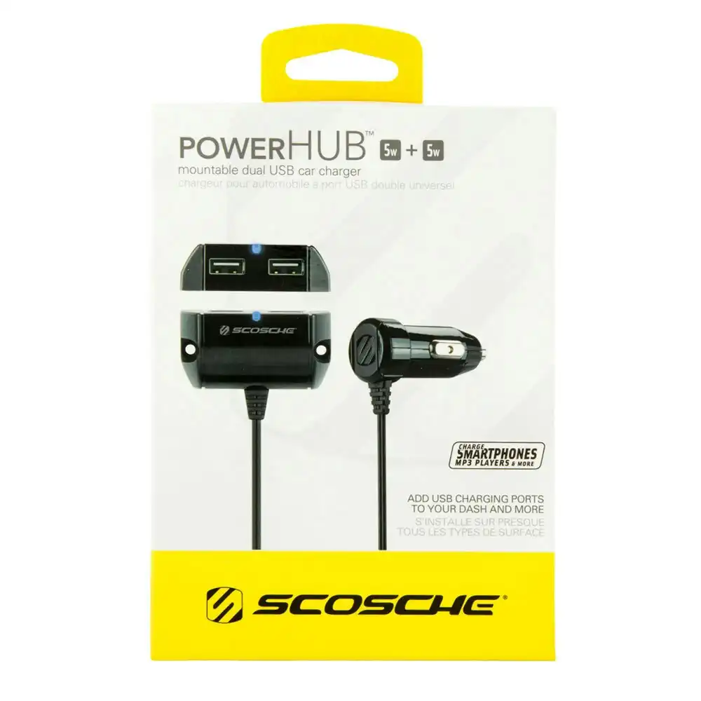 Scosche PowerHub 10W Mountable Dual Port USB Cigaret Car Charger for Smartphones