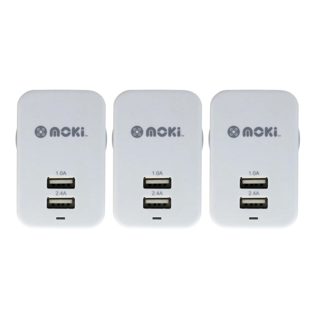 3PK Moki Dual USB Wall Mobile Charger Universal Adaptor Plug Travel Adapter WHT