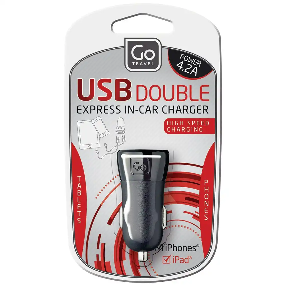 Go Travel Double USB Port Car Charger 4.2A Socket for Phones/Tablets Black