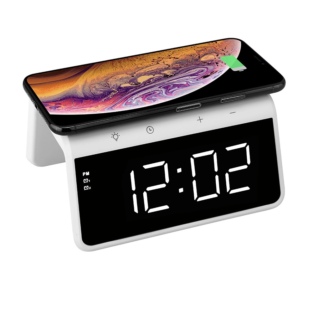 USB 5V 10W QI Wireless Charger RGB LED Night Light  w/Dual Alarm Clock White