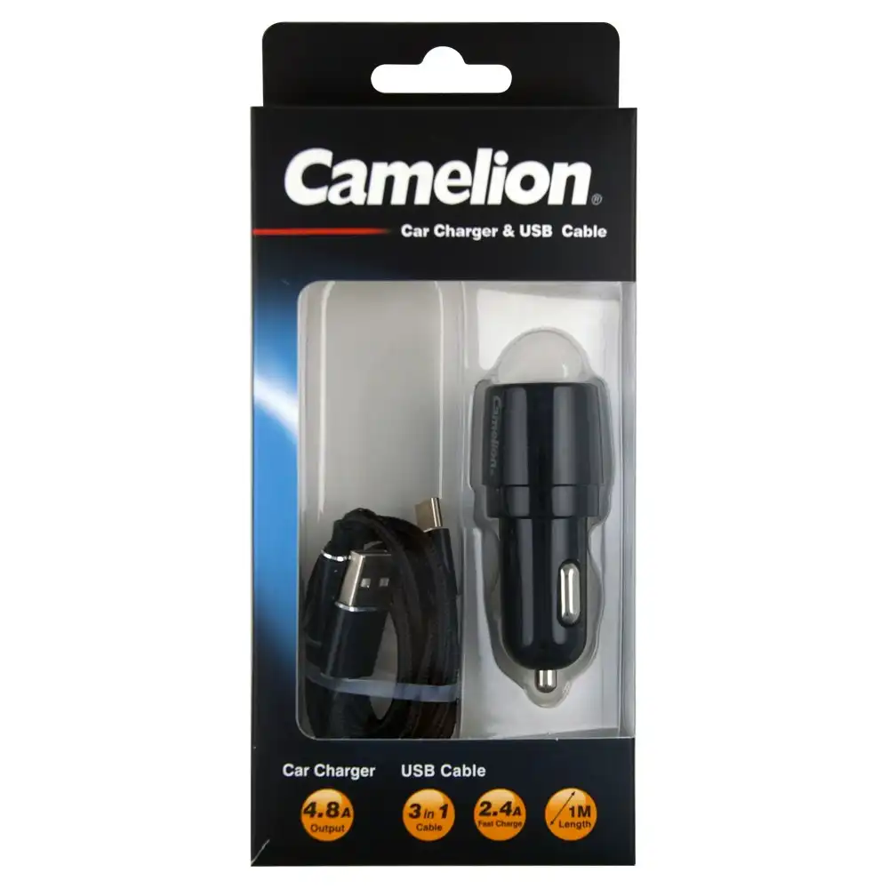 Camelion 4.8A USB Car Charger/3-in-1 Micro/Type-C/8 Pin Cable f/ Smartphones