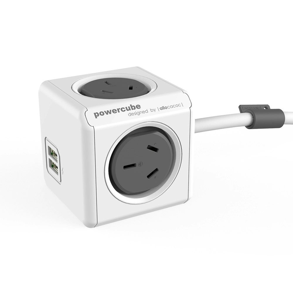 Grey PowerCube 4 Socket Mountable Power Board/1.5m Cord/2 USB Charger/240v 2400w