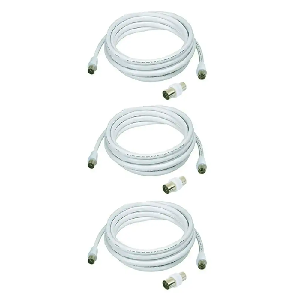 3x Sansai 5m M to Male Antenna Flylead TV Coaxial Cable w/ Female Adaptor White