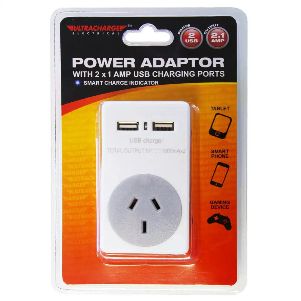 UltraCharge Power Adaptor w/ Dual 1 AMP USB Charging Port Charge Indicator White
