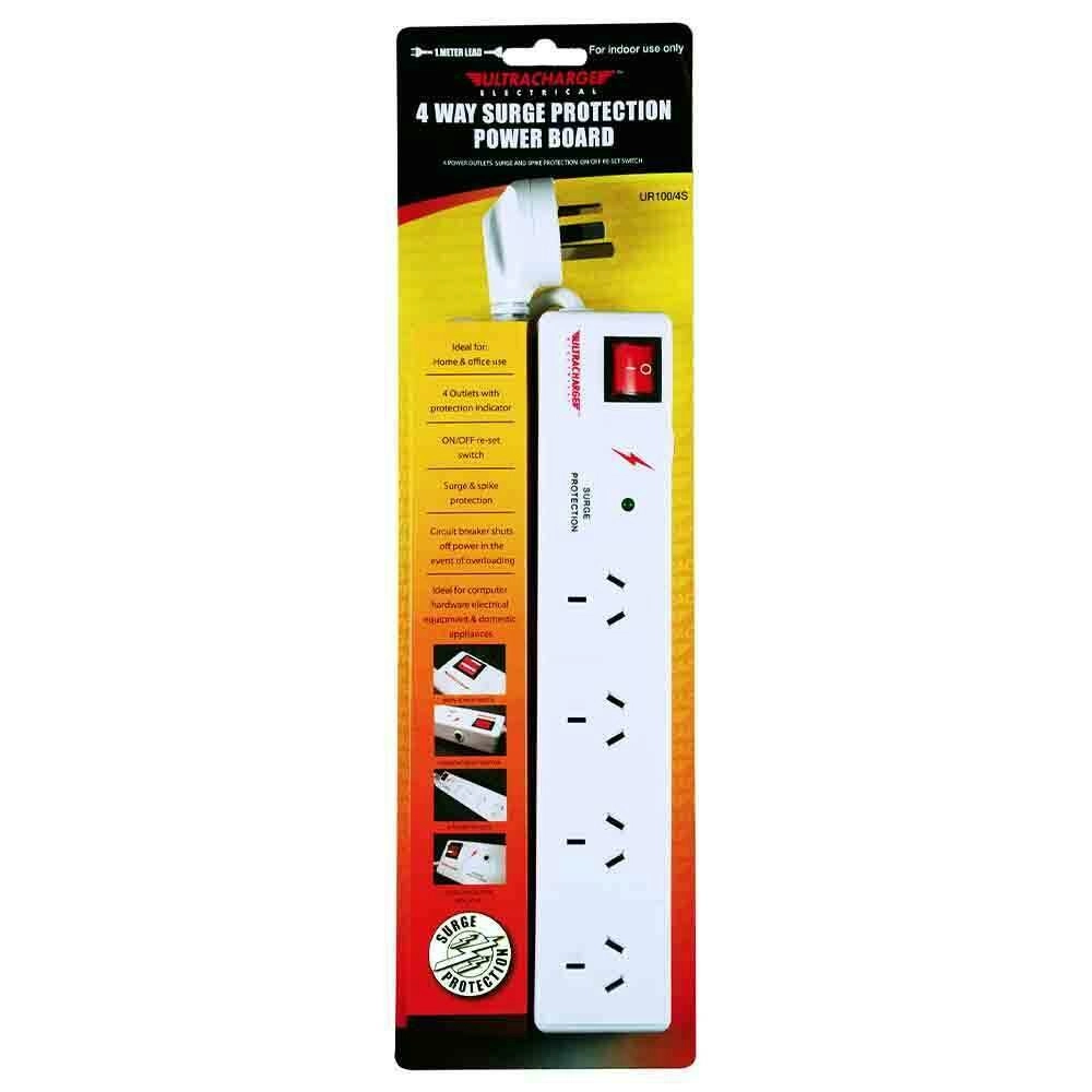 UltraCharge 4-Socket Surge Protection Power Strip Board 1m Cord Extension Outlet