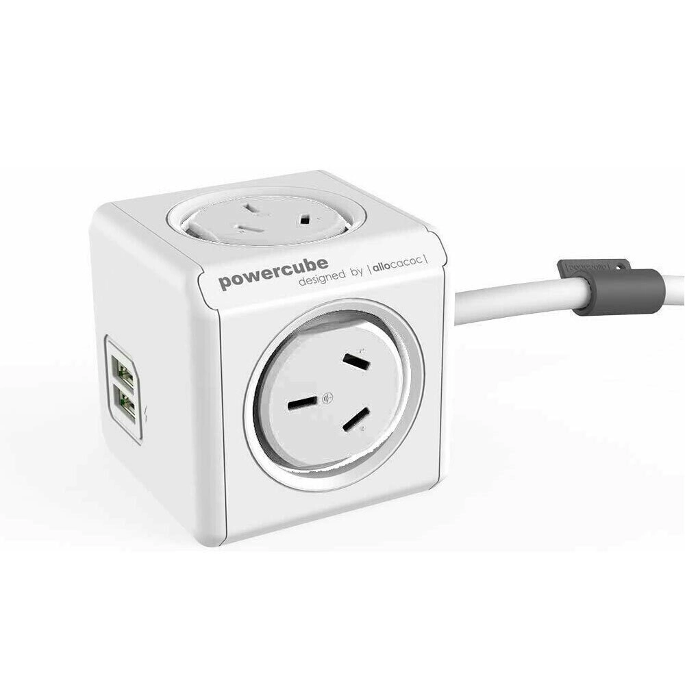 Allocacoc PowerCube 4 Socket 2 USB Power Board/Mount w/1.5m Extension Cord White