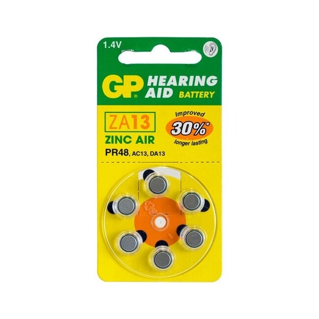 6pc GP 1.4V Zinc Air Size 13/PR48/AC13/DA13 Single Use Battery for Hearing Aids