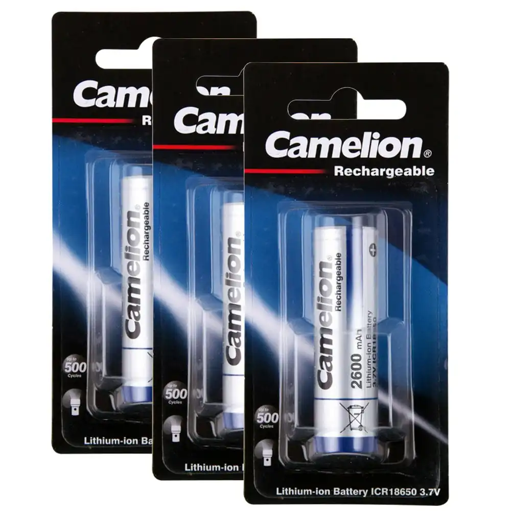 3x Camelion 18650 Lithium-Ion Rechargeable Battery 2600mAh 3.7V PVC Label Jacket