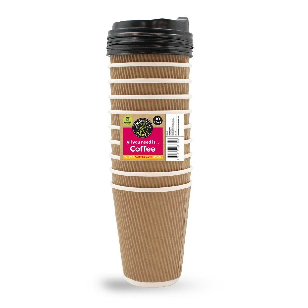 10PK Lemon & Lime 340ml Double Wall Disposable Coffee Cups BPA free Asst Colour