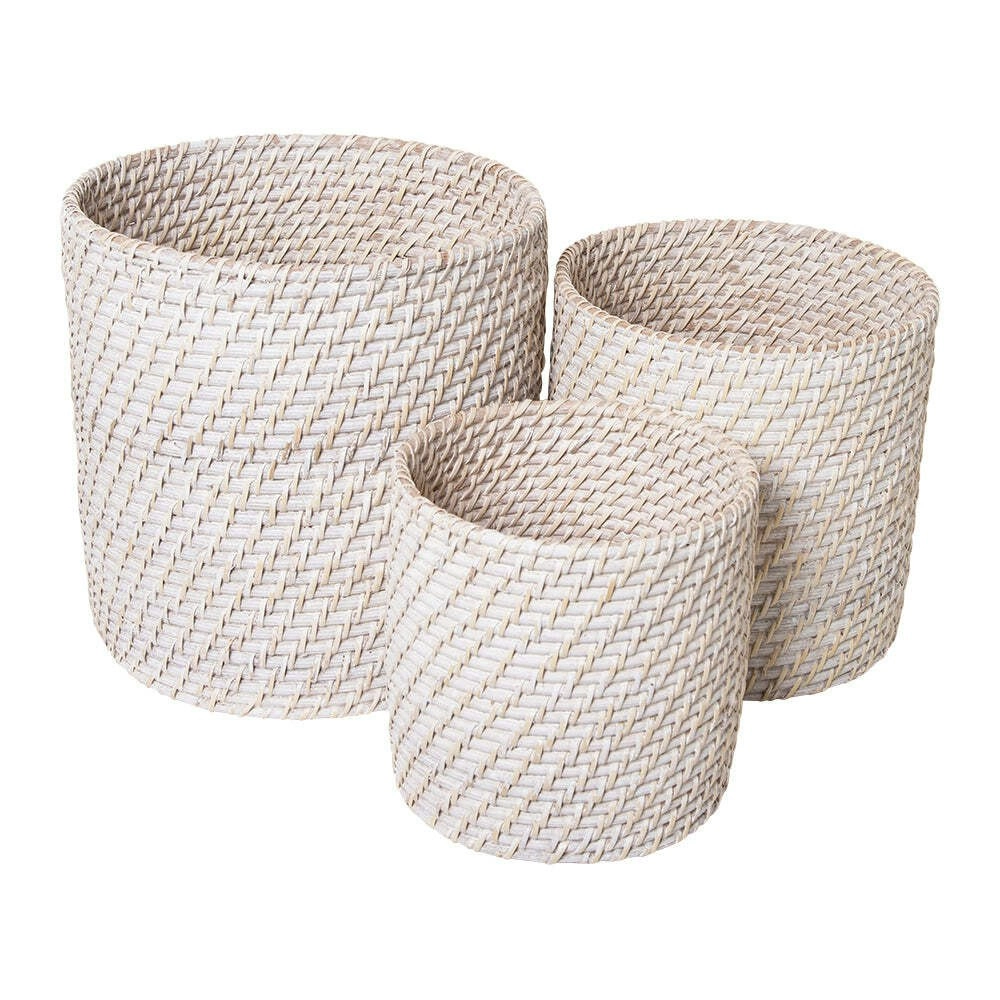 3pc J. Elliot Pacifica 29cm/24cm/20cm Rattan Planters/Plant Container Whitewash