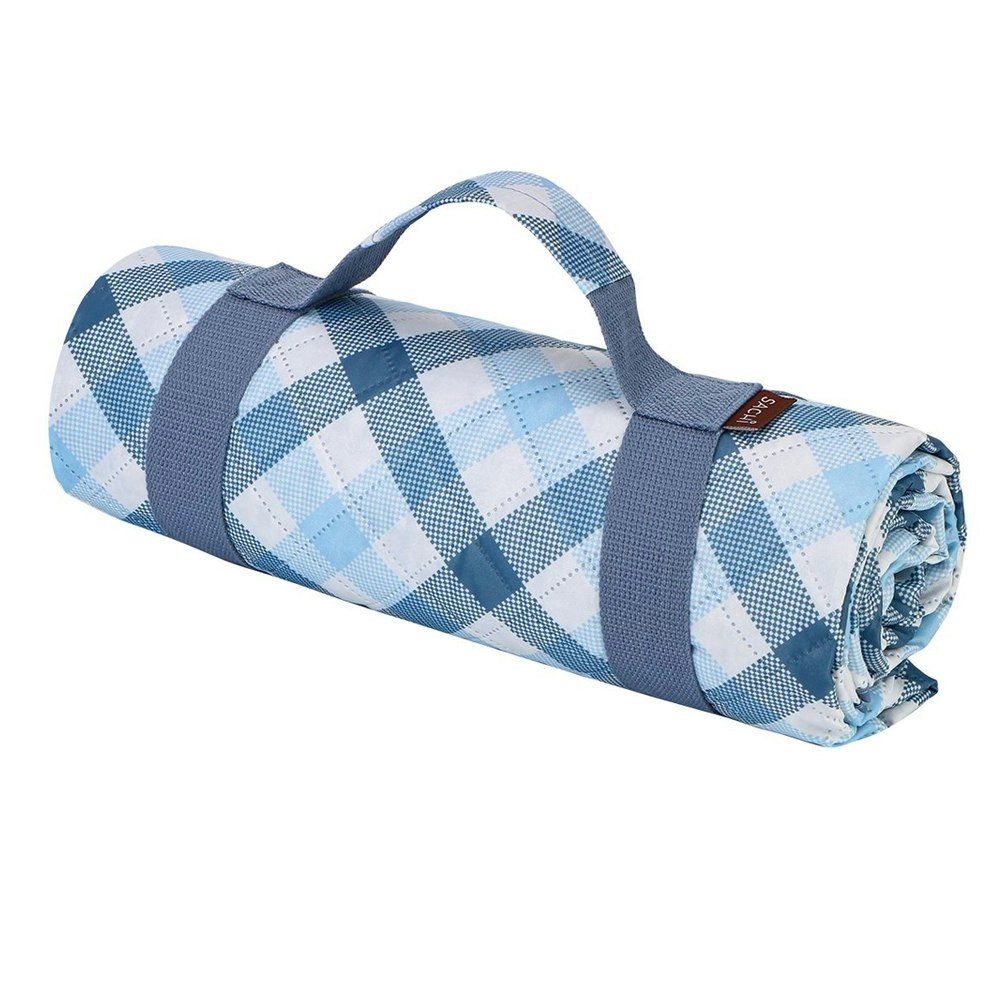 Sachi Reusable Picnic Rug 175x142cm Outdoor Mat w/Carry Handle Gingham Blue/Grey