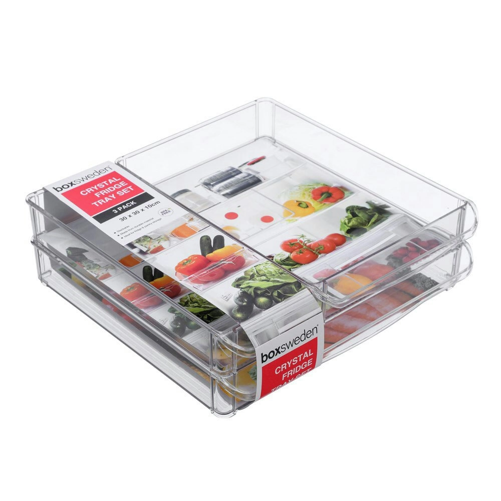 3PK Boxsweden 30x30cm Crystal Fridge/Pantry Kitchen Food BPA Free Tray Clear