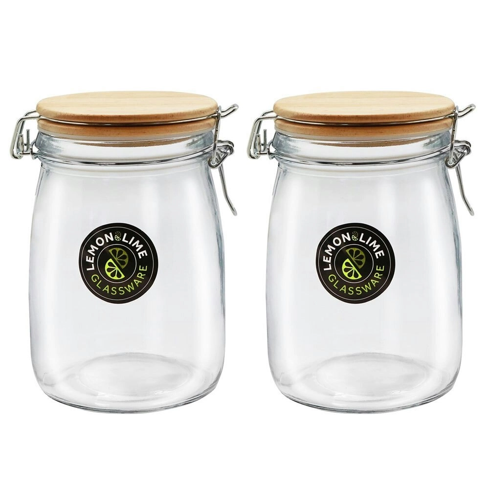 2x Lemon & Lime 1L/16.5cm Glass Clip Jar Storage Food Container w/ Wooden Lid