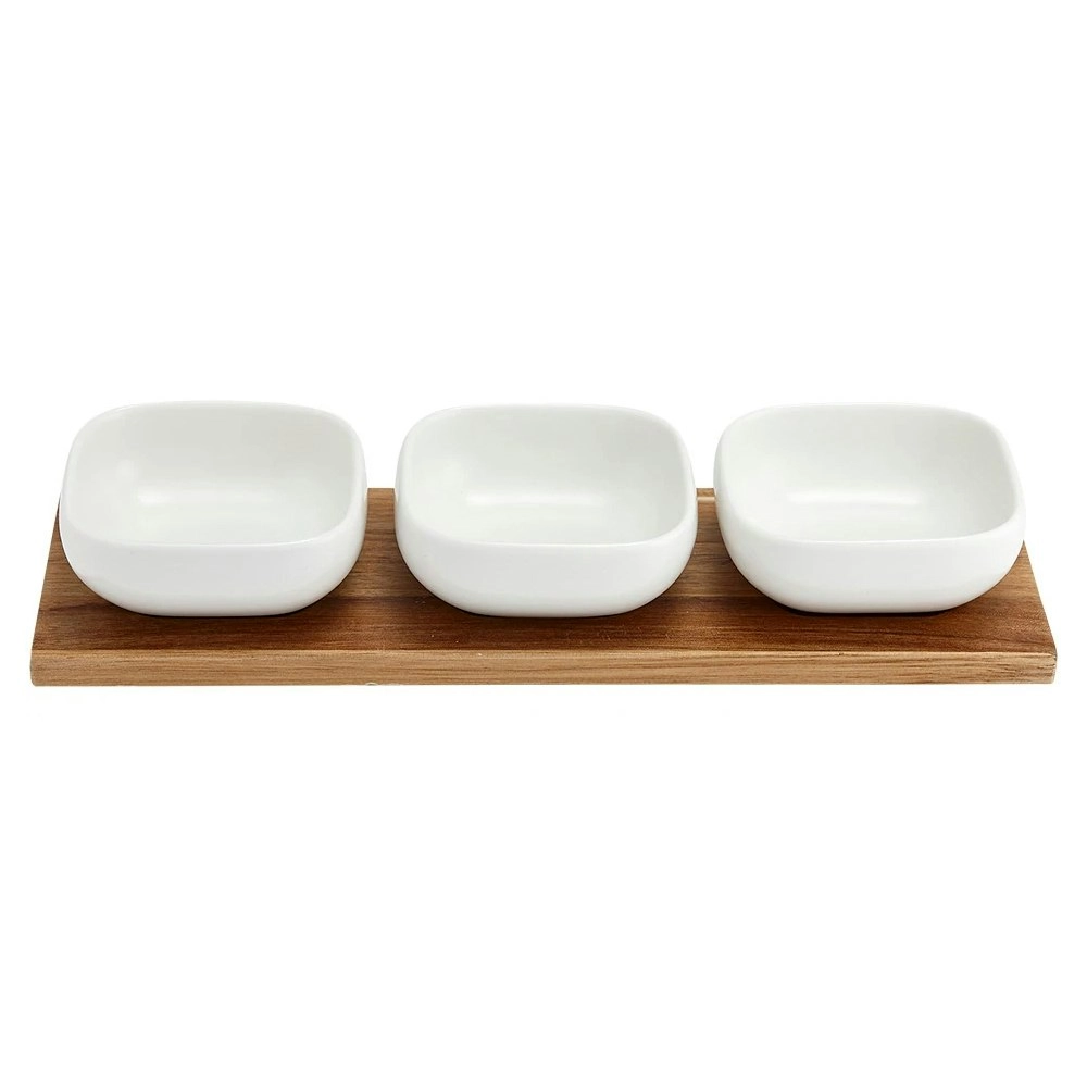 4pc Ladelle Essentials 3 White Serving Snack/Dip Porcelain Bowls/Acacia Tray Set