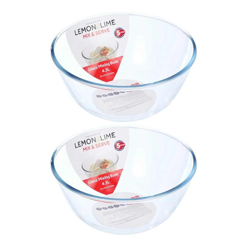 2x Lemon & Lime Yorkshire 27cm Glass Mixing Bowl 4.3L Round Dish Bakeware Clear