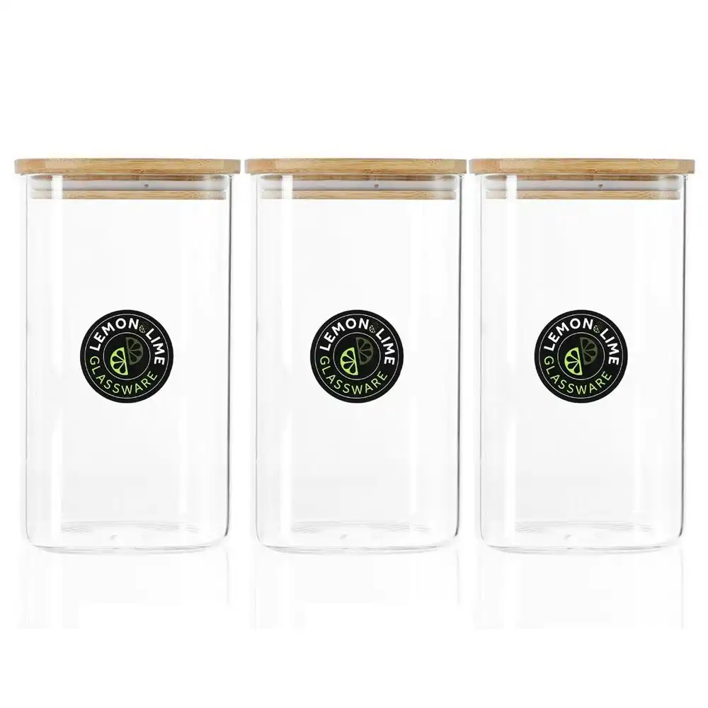 3x Lemon & Lime Camden 1.4L Glass Jar Square Storage Container w/ Bamboo Lid CLR