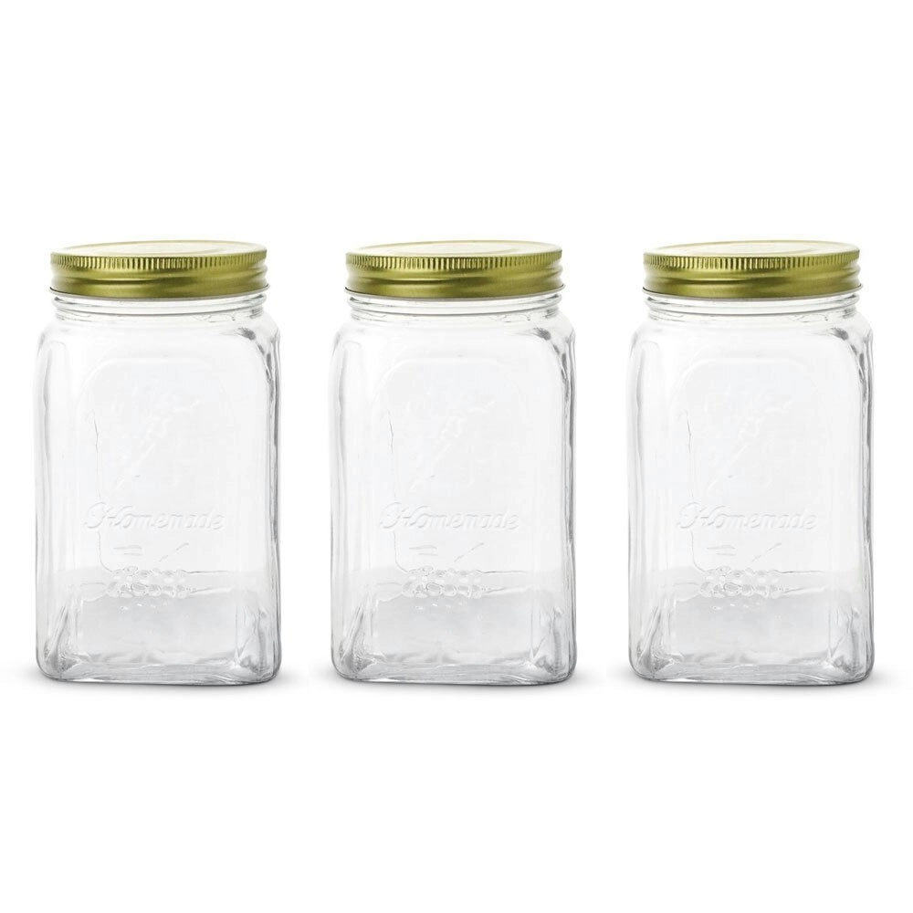 3x Lemon & Lime Vintage 1L Glass Jar Container Canister Storage w/Gold Lid Clear