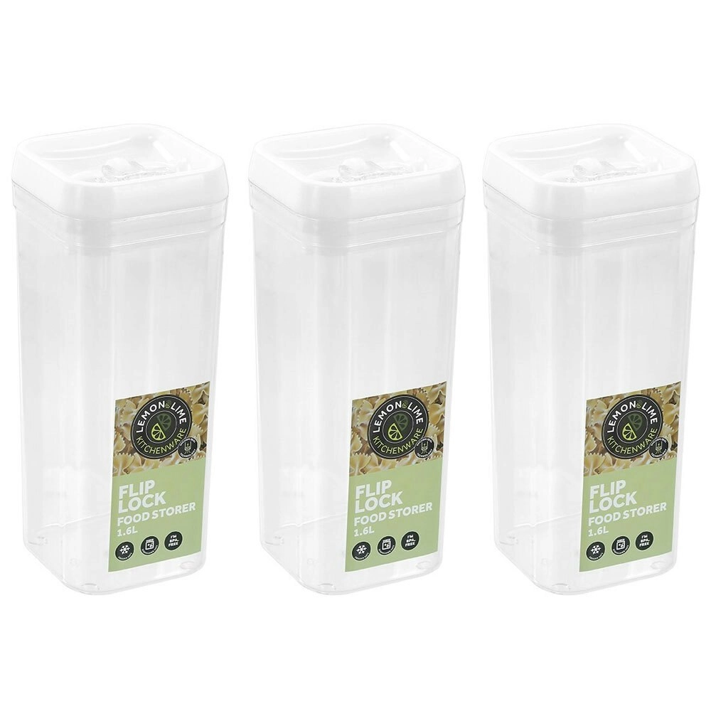 3x Lemon & Lime Flip Lock 1.6L/24.5cm Food Storer/Storage Square Container Clear