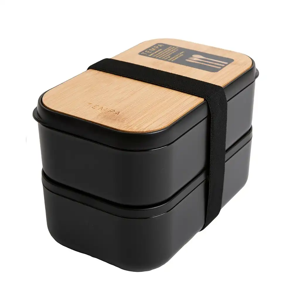 Tempa Bento Airtight/Leakproof Lunch Food Double Storage Box w/Spoon/Fork Black