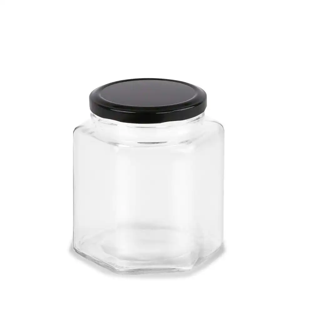 18PK Lemon & Lime Glass Hexagonal Jar 95ml Black Lid Kitchen Storage Container