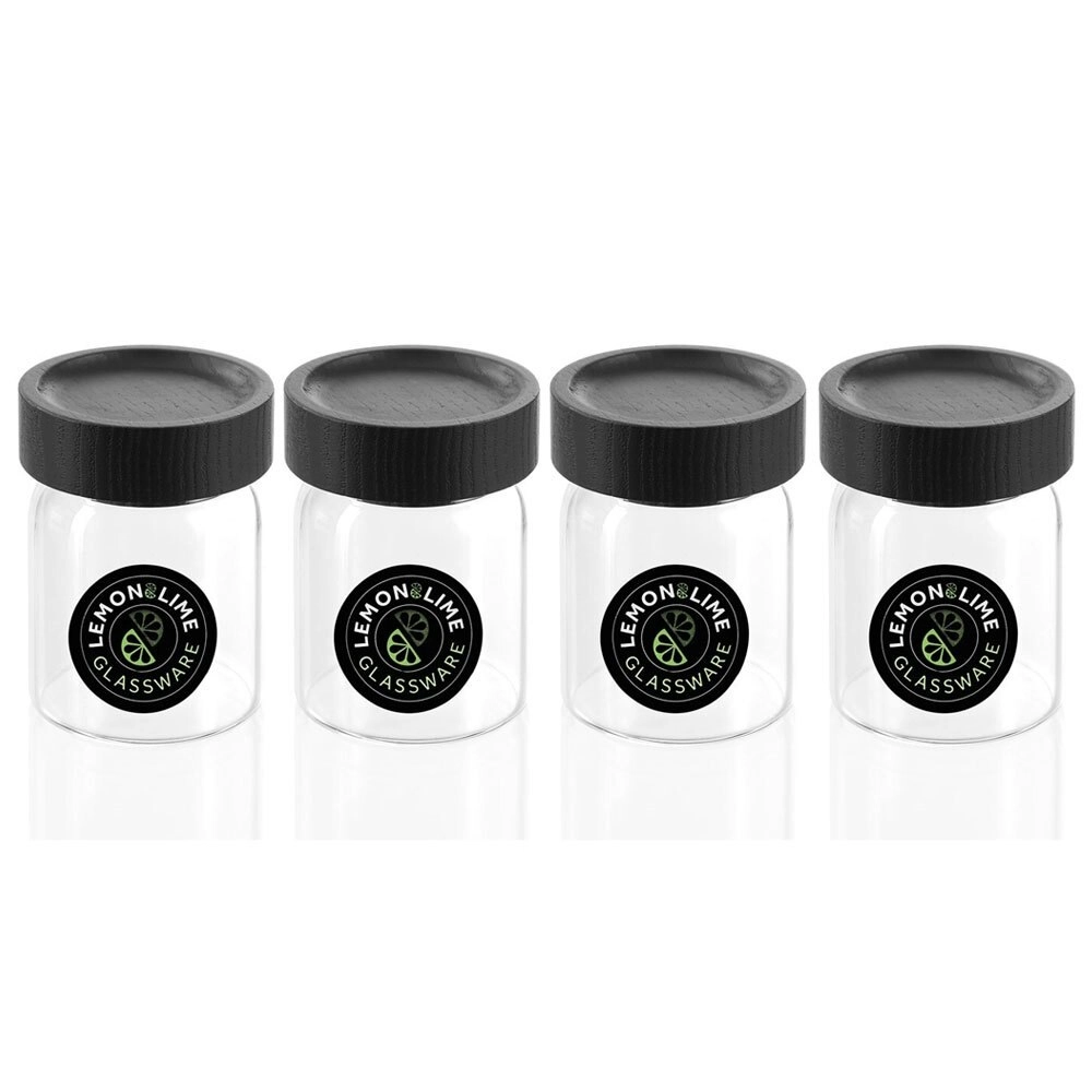 4x Lemon & Lime Woodend 75ml/7cm Glass Spice Jar/Herb Clear Container w/ BLK Lid