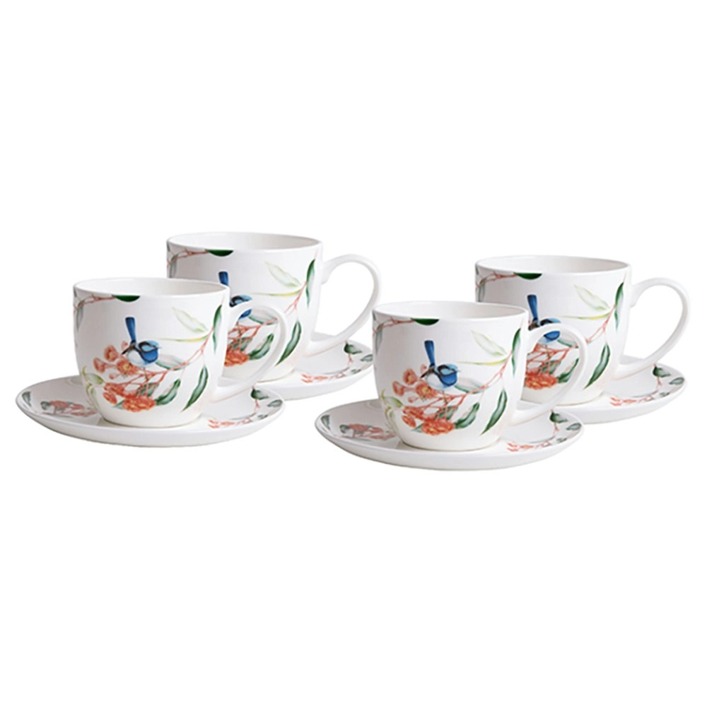 4pc Ashdene Blue Wren & Eucalyptus Fine Bone Drinking 230ml Cup/Saucer Plate Set