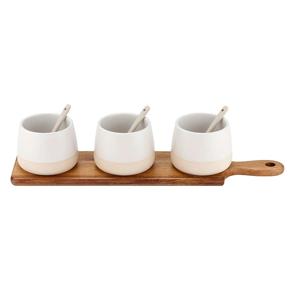 4pc Ladelle Host White 3 Snack/Dip Dine Stoneware Bowl/Spoon Acacia Paddle Set