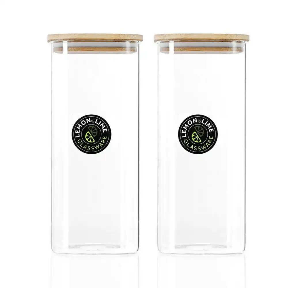2PK Lemon & Lime Camden Square Glass Jar 1.9L w/ Bamboo Lid Storage Container