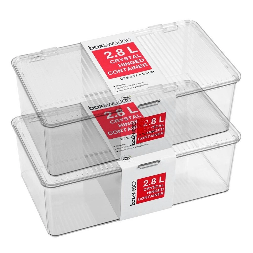 2x Boxsweden Crystal Hinged 2.8L/27.5cm Container Stackable Storage Organiser