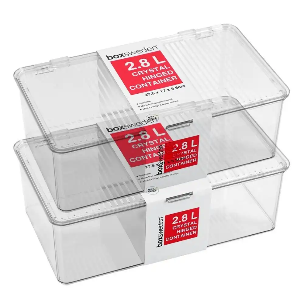2x Boxsweden Crystal Hinged 2.8L/27.5cm Container Stackable Storage Organiser