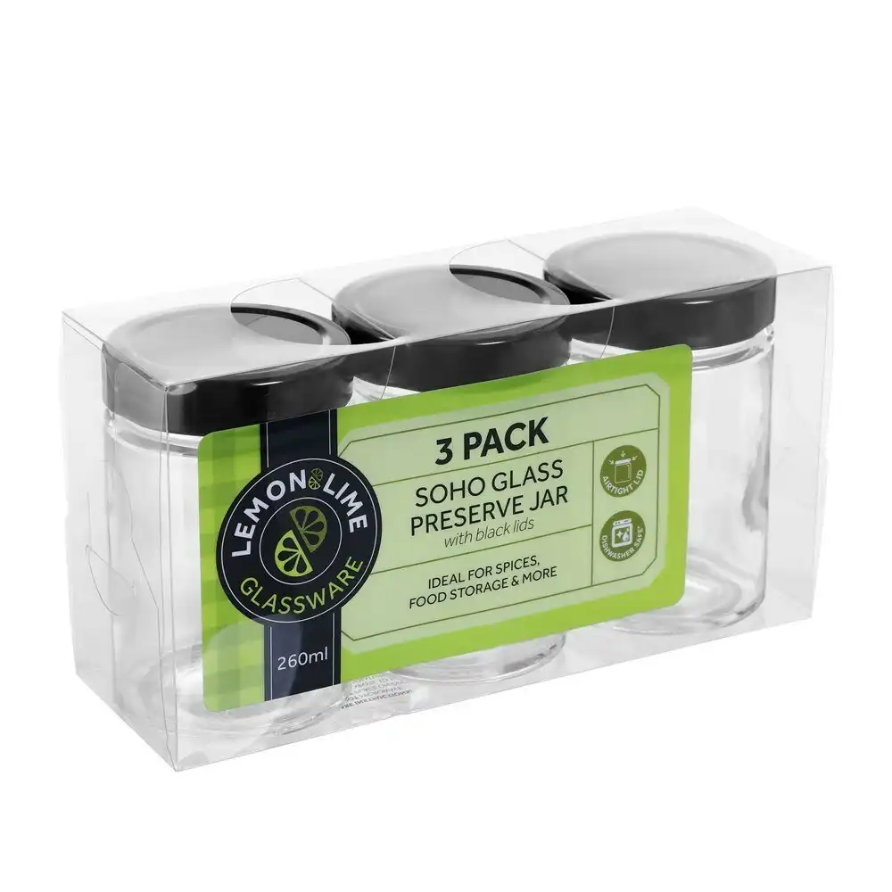 3x 3PK Lemon & Lime Soho Glass Preserve Jar 260ml w/ Black Lid Storage Container
