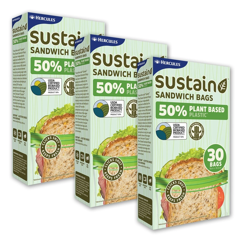 90pc Hercules Sustain 18x16.5cm Plant Based Plastic Resealable Sandwich Bags