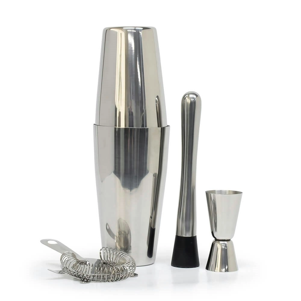 4pc Salt & Pepper Bond Boston Cocktail Drink Shaker Set Stainless Steel Silver