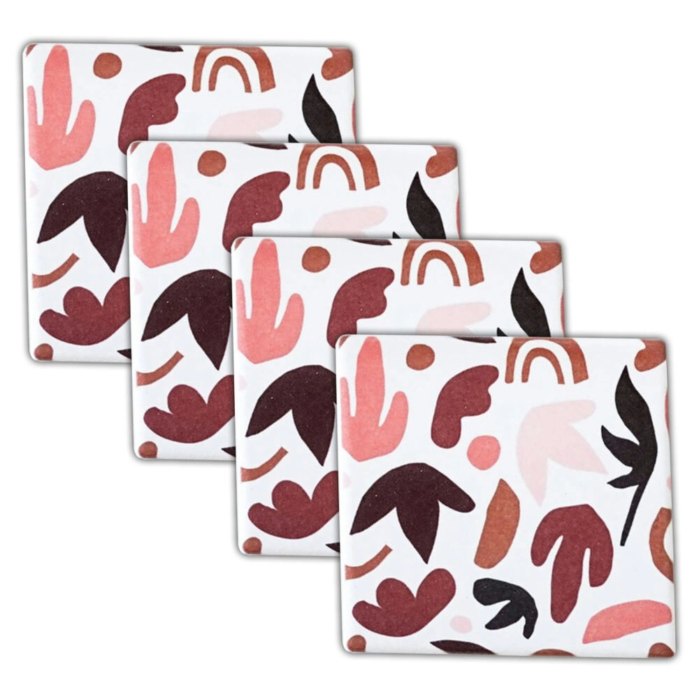 4pc Rayell 10cm Ceramic Square Coasters Blush Leaves Home Decor Drink f/ Cup/Mug